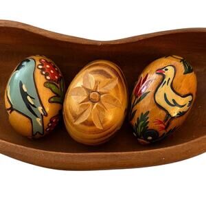 SET OF 3 VINTAGE Folk Art Eggs Wooden Hand Carved Painted Birds Flower 3035-39